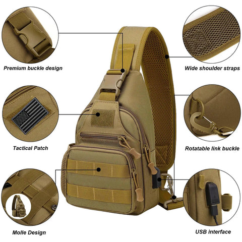 Rugged Tactical Crossbody Bag For Men With Water Bottle Holder MOLLE EDC Sling Pack with USB Charging Port pockets and strap details