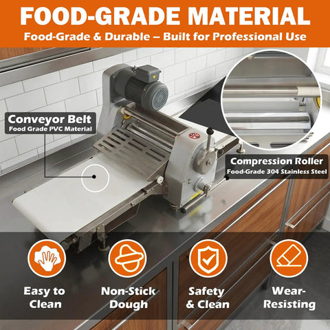 Techtongda Commercial Dough Sheeter Countertop Pizza Pasta Roller With Heavy Duty Conveyor Belt on kitchen counter.
