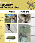 Comparison of all-in-one camping hammock system with net and rain fly showing strong, spacious net vs saggy plastic net wire