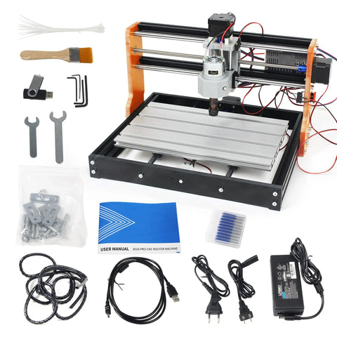 Upgraded 3018 PRO CNC Router Engraving Machine with E Stop and Limit Switches 10000 RPM Spindle 300x180x45mm Work Area Aluminum Frame