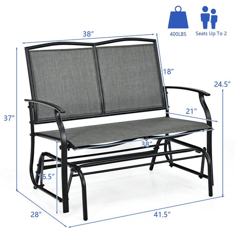 Outdoor Glider Bench For Patio And Backyard With Steel Frame That Handles 400 Lbs Two Person Loveseat Swing Rocker Great For Poolside Lawn Balcony And Porch Hangouts Gray, side view with dimensions.