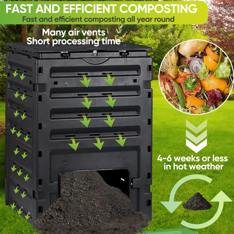 120 Gallon Big Capacity Compost Bin BPA Free Outdoor Composting Tumbler For Garden with air vents in a garden setting