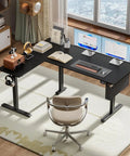 L Shaped Electric Standing Desk With Memory Presets 63 Inch Corner Sit To Stand Desk in black with chair and monitors