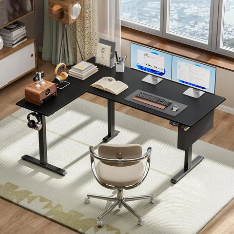 L Shaped Electric Standing Desk With Memory Presets 63 Inch Corner Sit To Stand Desk in black with chair and monitors