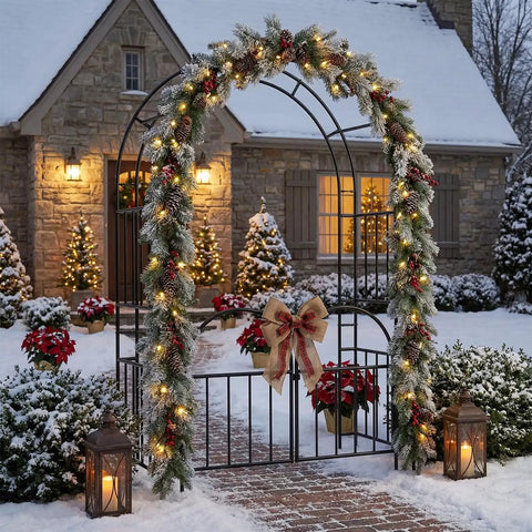 7ft Metal Garden Arbor With Gate Two In One Trellis For Climbing Plants Wide Sturdy Outdoor Arch Pathway Entrance Christmas Decor