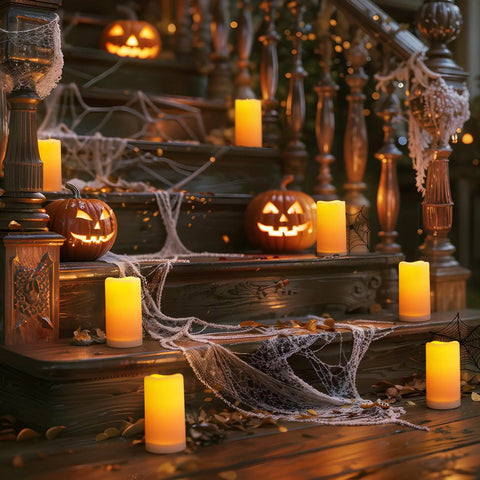 Lit Outdoor Solar Pillar Candles 3x6 Inches Waterproof Rechargeable Flameless Flickering Lights With Dusk To Dawn Sensor For Halloween Garden Patio Porch Decor on steps with jack-o'-lanterns and cobwebs