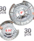 Hands holding 60 Pcs Disposable Aluminum Stove Burner Covers And Drip Pan Liners, Round 6.25 Inch And 8 Inch sizes.