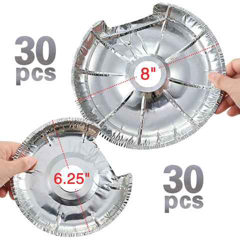 Hands holding 60 Pcs Disposable Aluminum Stove Burner Covers And Drip Pan Liners, Round 6.25 Inch And 8 Inch sizes.