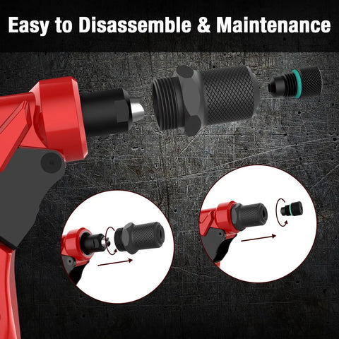 Heavy Duty Pop Rivet Gun Tool Kit With 360 Degree Swivel Head disassembly illustration featuring nosepiece components