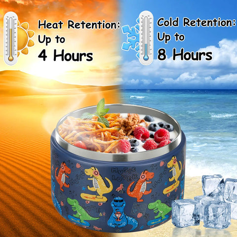 12Oz Insulated Vacuum Food Jar With Buckle Lid For Hot Food Wide Mouth Thermo Lunch Container Leakproof Stainless Steel Kids Lunch Jar Blue Dinosaur Design Ideal For School And On The Go with food inside