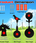 Dimensions of Three Piece BB Gun Target Set with rotating metal bear, bird, and rooster silhouettes for backyard shooting