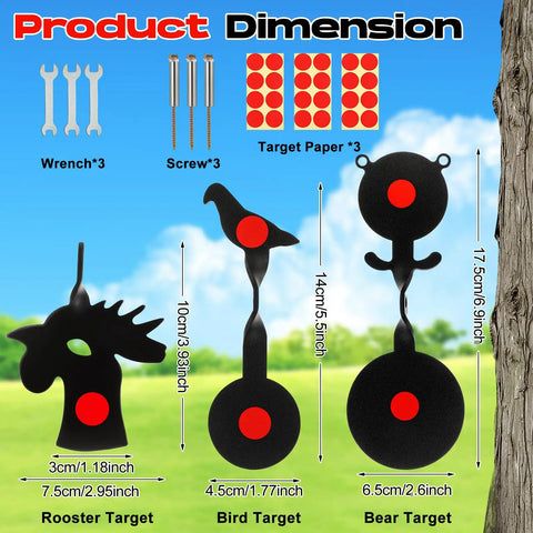Dimensions of Three Piece BB Gun Target Set with rotating metal bear, bird, and rooster silhouettes for backyard shooting