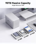 Heavy Hitter Aluminum Five Bay External Hard Drive Enclosure USB 3.0 with three drive sizes displayed beside it.
