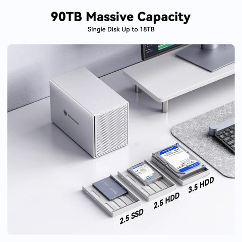 Heavy Hitter Aluminum Five Bay External Hard Drive Enclosure USB 3.0 with three drive sizes displayed beside it.