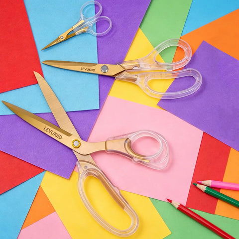 Go-To Everyday Office And Craft Scissors With Titanium Coated Blades And Clear Ergonomic Handles, Durable 3 Pack For Home Desk Or School Projects, Gold Finish For Sharp Clean Cuts on colored paper
