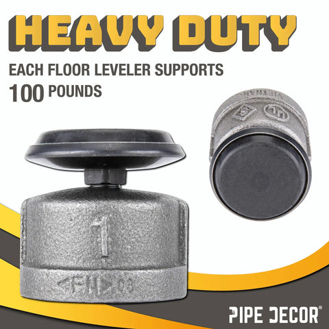 Heavy duty adjustable pipe leg leveler for 1 inch pipe legs, supports 100 pounds, floor safe, 4 pack.