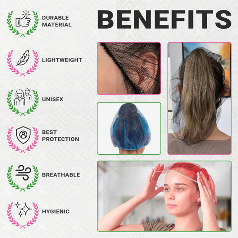 Close-up of benefits and uses of Disposable No Fuss Hair Nets For Food Service Black Nylon 28 Inch Pack Of 100 with Elastic Band Fit.