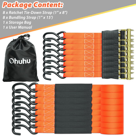 Heavy Duty Ratchet Tie Down Straps 8 Pack 15 Ft Each 500 Lb Load Capacity 1500 Lb Break Strength Cargo Straps Orange