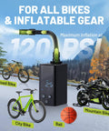 Ultra Compact Mini Bike Pump With Gauge 120 PSI Electric Bike Pump For Presta And Schrader Valves shown with bikes and ball.
