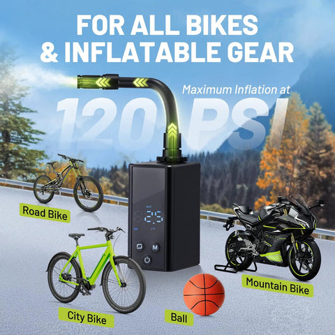 Ultra Compact Mini Bike Pump With Gauge 120 PSI Electric Bike Pump For Presta And Schrader Valves shown with bikes and ball.