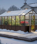 8x14 Ft Wooden Greenhouse For Outdoors With Walk In Design Polycarbonate Panels Lockable Door Roof Vent Heavy Duty Pine Frame Brown Garden Backyard Greenhouse For Outside during snowy winter scene.