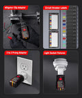 Circuit Breaker Finder With LCD Display And GFCI Outlet Tester For 90 To 130V AC Systems, Quick Wire Locator, NCV Non Contact Voltage Test, Built In Flashlight, Includes Carrying Case And Alligator Clips. In use with alligator clip adapter and outlet, black plastic