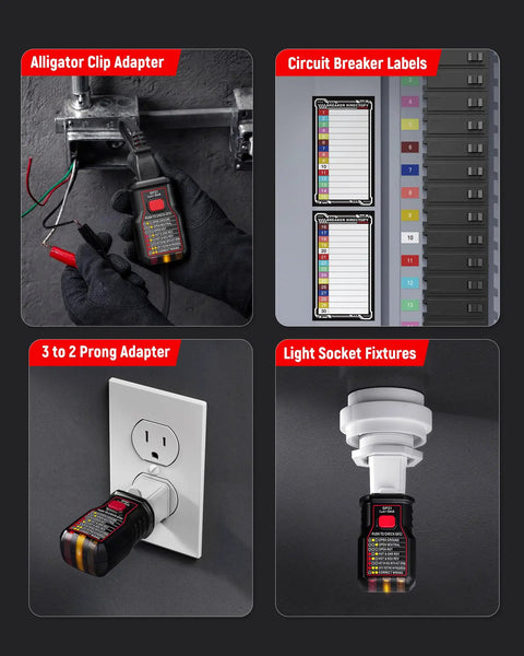 Circuit Breaker Finder With LCD Display And GFCI Outlet Tester For 90 To 130V AC Systems, Quick Wire Locator, NCV Non Contact Voltage Test, Built In Flashlight, Includes Carrying Case And Alligator Clips. In use with alligator clip adapter and outlet, black plastic