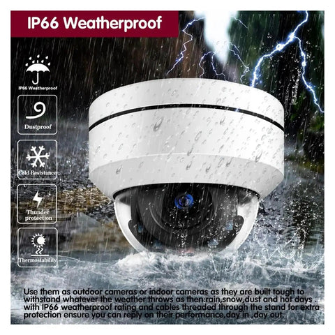 Straight Up Clear 8 Channel POE NVR Security Kit Pairing 5MP Ptz Dome Camera With 10X Optical Zoom in a rainstorm, demonstrating IP66 weatherproof features.