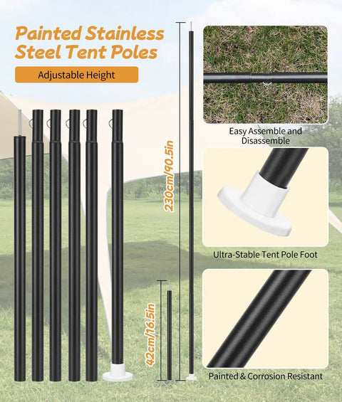 Big Camping Tarp Canopy With Poles 14.8 By 9.8 Feet Waterproof Tent Shelter painted stainless steel adjustable poles