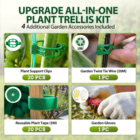 Heavy Duty 2 Pack Adjustable A Frame Trellis For Climbing Plants Outdoor kit showing clips, tie wire, tape, and gloves.