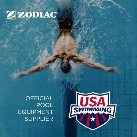 Swimmer in pool with Zodiac and USA Swimming logos, official pool equipment supplier banner, overhead view.