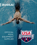 Swimmer diving underwater alongside Zodiac logo and USA Swimming badge