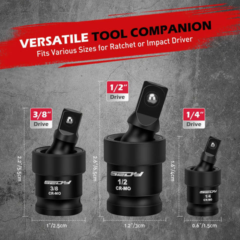 Flexible Universal Joint Socket Swivel Set Three Piece One Half Inch One Quarter Inch Three Eighth Inch Premium CR MO Steel Wobble Adapters With Black Coating For Heavy Duty Tough Tasks