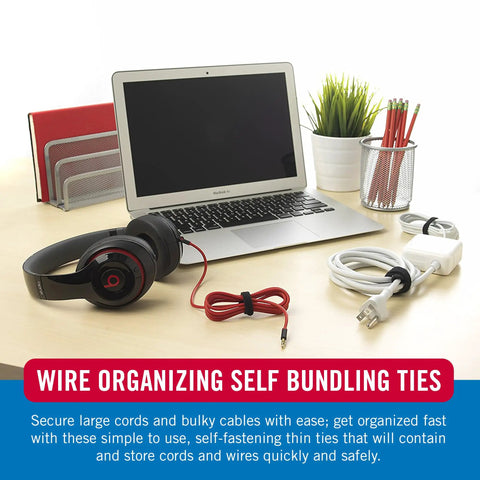 Office desk with laptop, headphones, and power cords secured with self fastening cable ties 100 pack 8 by 0.5 inch black.
