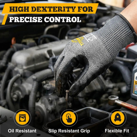 Person using Cut Resistant Work Gloves ANSI A5 With Sandy Nitrile Grip And 3D Comfort Fit Touchscreen Compatible for car engine work