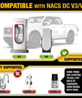 Infographic depicting Nacs To Ccs1 Electric Vehicle Charging Adapter compatibility with Tesla V3 and V4 chargers.