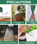 Instructional image for All-In-One Soil Tester 2-Pack, 3-In-1 Moisture Meter, shows precautions including probe use and cleaning tips.