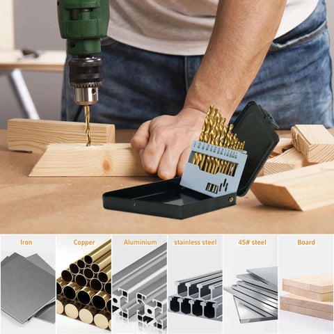 Front view of Amazon 13-piece cobalt left-hand drill bit set with titanium nitride coating in a light-blue index storage case.