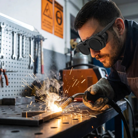 Flip Up Heavy Duty Welding Goggles Featuring Dual Lens Glare Blocking For Plasma Cutting And Electric Welding Ergonomic Safety Shades in use during welding.