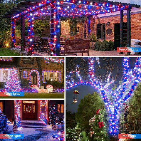 Solar Red White And Blue String Lights Outdoor Weatherproof For 4th Of July And Memorial Day Decor on tree and terrace