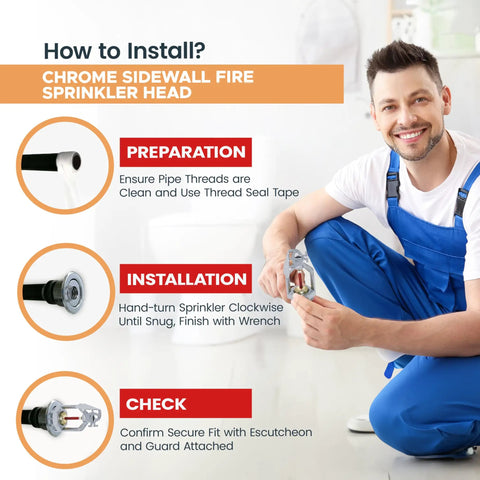 Man installing Badass Chrome Sidewall Fire Sprinkler Head With Escutcheon Horizontal Spray 1/2 Inch NPT 155F Standard Response.