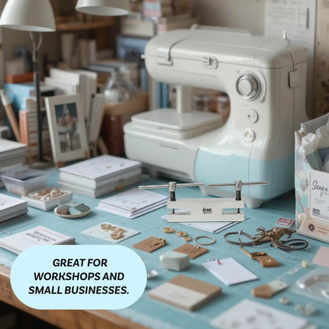 Craft workshop table with sewing machine, Two In One Hole Punch Tool With Dual Tips for jewelry making and leather crafts displayed.