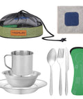 Camping Cutlery Set With Eight Piece Stainless Steel Spoons Forks Knives Plates Bowls And A Mug In One Lightweight Zipper Case