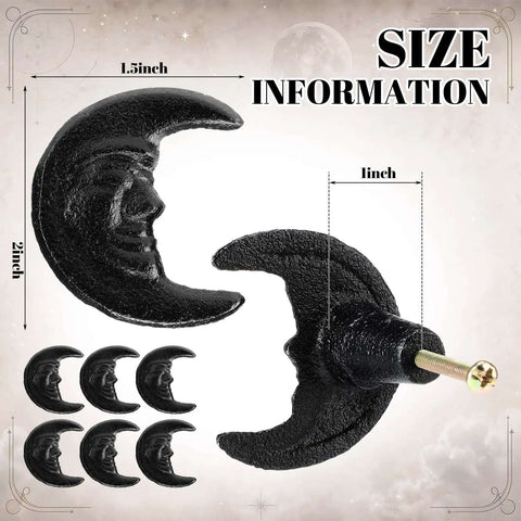 Six Piece Set Black Cast Iron Drawer Pulls And Cabinet Knobs With Crescent Moon Face Design Hand Painted In Rich Black Finish Adds Mid Century Modern Charm And Elegant Burst Style Includes Screws, 1.5 inch size details