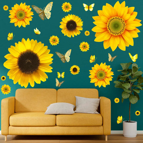 39 Piece 3D Sunflowers And Butterflies Wall Decals Set With Gold Accents in living room above yellow sofa