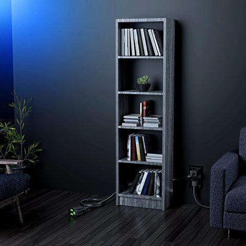 Room with bookshelf and 2 Pack 10 Ft Black Extension Cords With Bright Green Indicators, Heavy Duty 16 AWG in use.