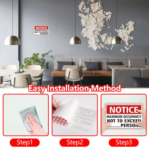 Maximum Occupancy Safety Sign Red For Restaurants And Businesses Durable Vinyl With Permanent Adhesive Waterproof UV Resistant 3 Mil Gloss Laminate Pack Of 2 installed in a restaurant with installation steps shown.