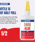 GH1200 Heavy Duty Shoe Glue Crystal Clear Fast Dry Bond for sneakers, boots, heels, Crocs. 30g bottle shown on white background.