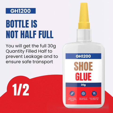 GH1200 Heavy Duty Shoe Glue Crystal Clear Fast Dry Bond for sneakers, boots, heels, Crocs. 30g bottle shown on white background.