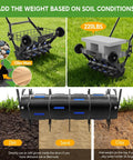 2 In 1 Rolling Lawn Aerator And Roller With Removable Gear Spikes showing soil weight recommendations for lawn care